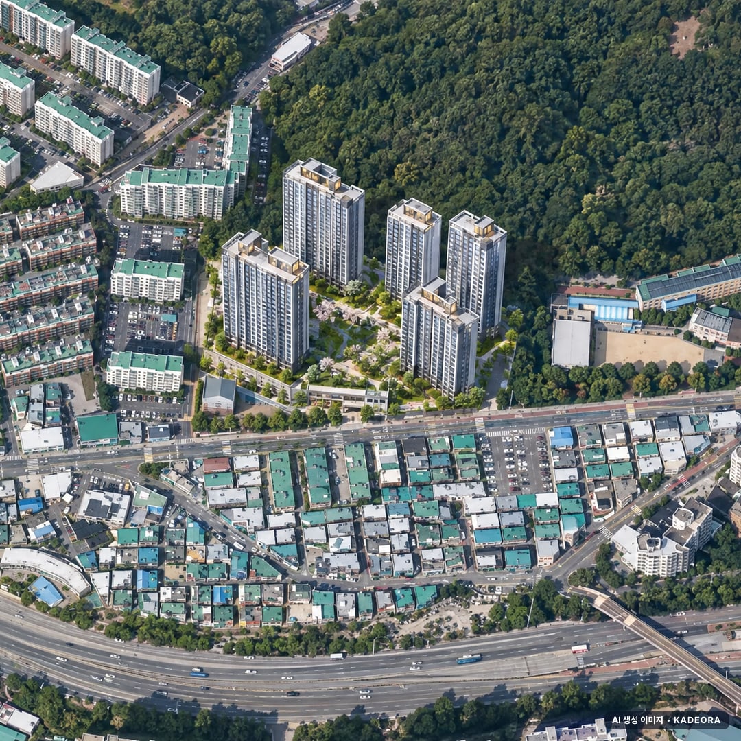 부산 북구 만덕1 재개발 조감도 AI 상상도(주간 항공) — 부산 북구 부지계획 690세대