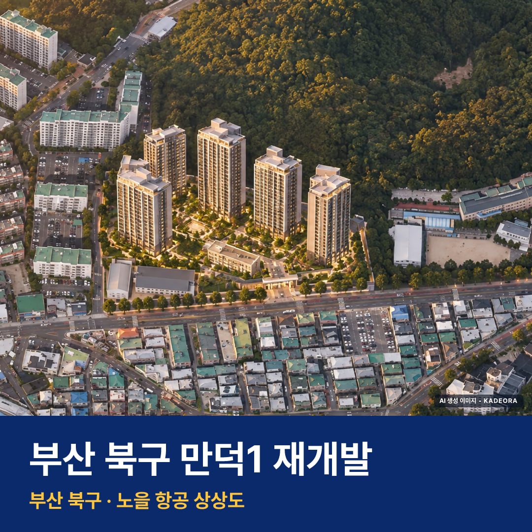 만덕1 재개발 만덕1 재개발 단지 전경 AI 상상도 — 북구 만덕동 690세대 — AI 생성 상상도 · 실제와 다를 수 있음