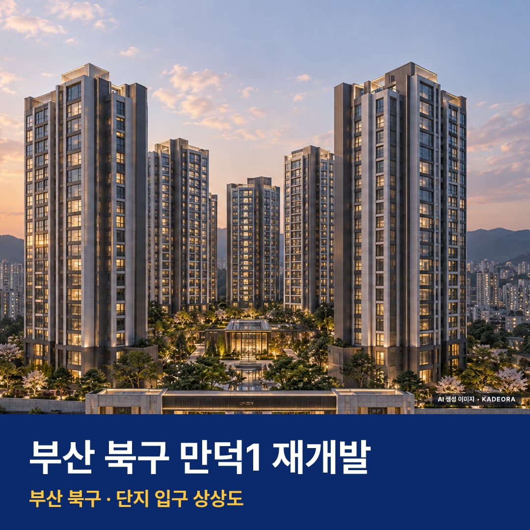 만덕1 재개발 만덕1 재개발 단지 전경 AI 상상도 — 북구 만덕동 690세대 — AI 생성 상상도 · 실제와 다를 수 있음