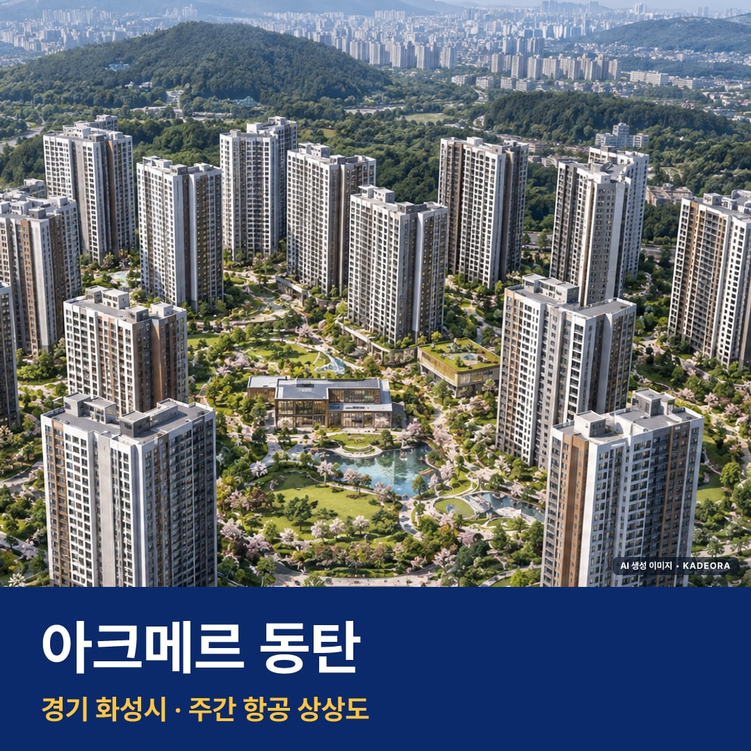 상상도 · AI 생성 이미지로 실제와 다를 수 있음 아크메르 동탄 단지 전경 AI 상상도 — 화성시 반송동 1,808세대