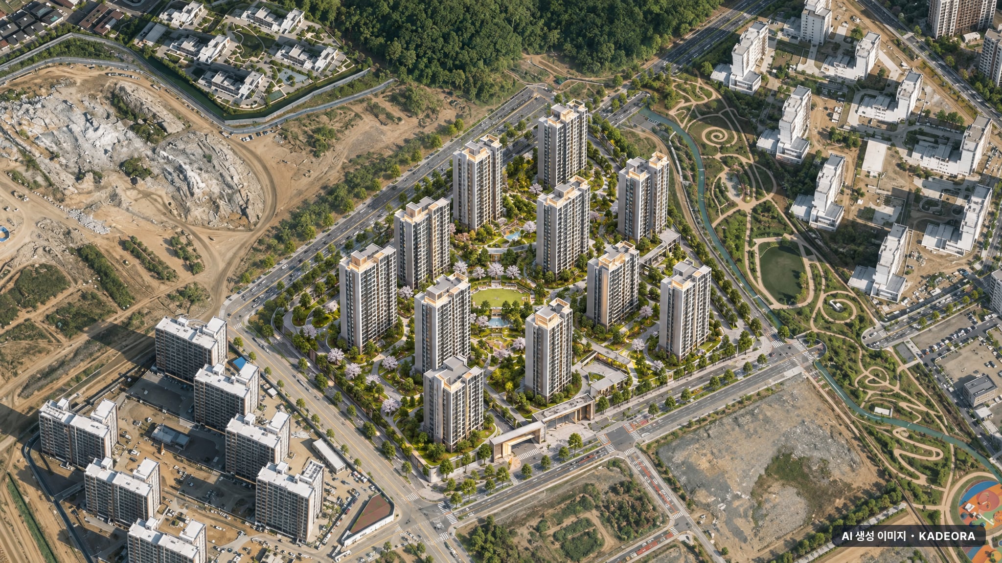검단호수공원역 중흥S-클래스 주간 항공 상상도 · AI 생성 이미지로 실제와 다를 수 있음 검단호수공원역 중흥S-클래스 단지 전경 AI 상상도(주간 항공) — 인천 검단구 착공 1,010세대