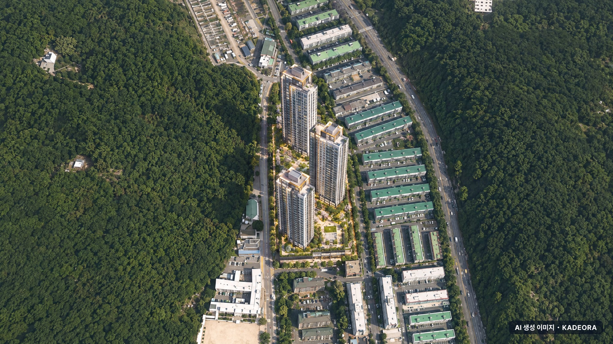 성산 더리브 포레스트 단지 전경 AI 상상도(주간 항공) — 경남 창원시 착공 143세대