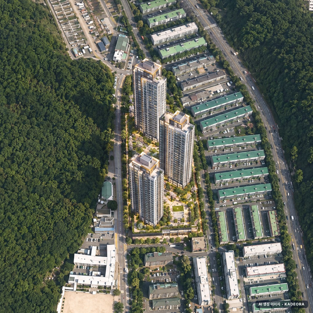 성산 더리브 포레스트 단지 전경 AI 상상도(주간 항공) — 경남 창원시 착공 143세대