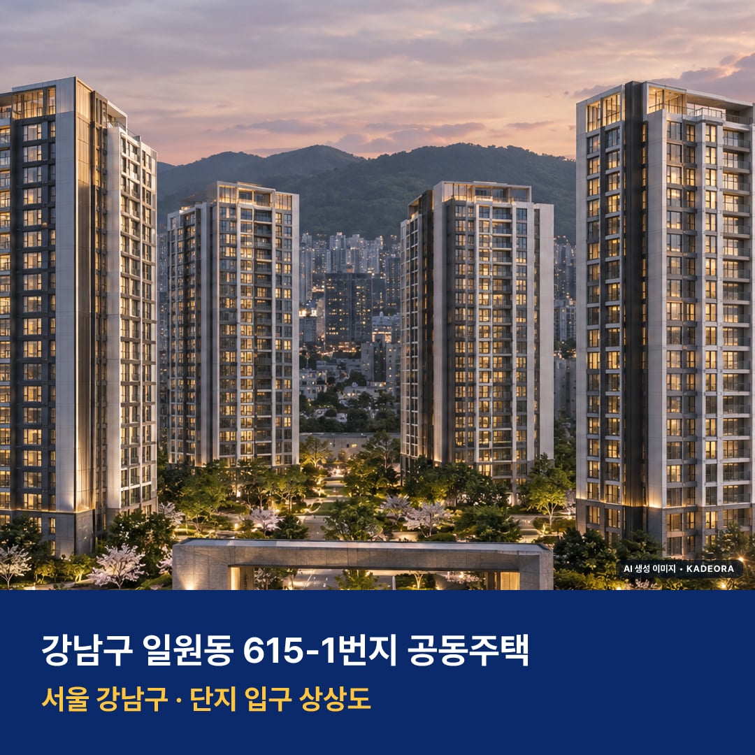 강남구 일원동 615-1번지 공동주택 단지 전경 AI 상상도 — 강남구 일원동 483세대 — AI 생성 상상도 · 실제와 다를 수 있음