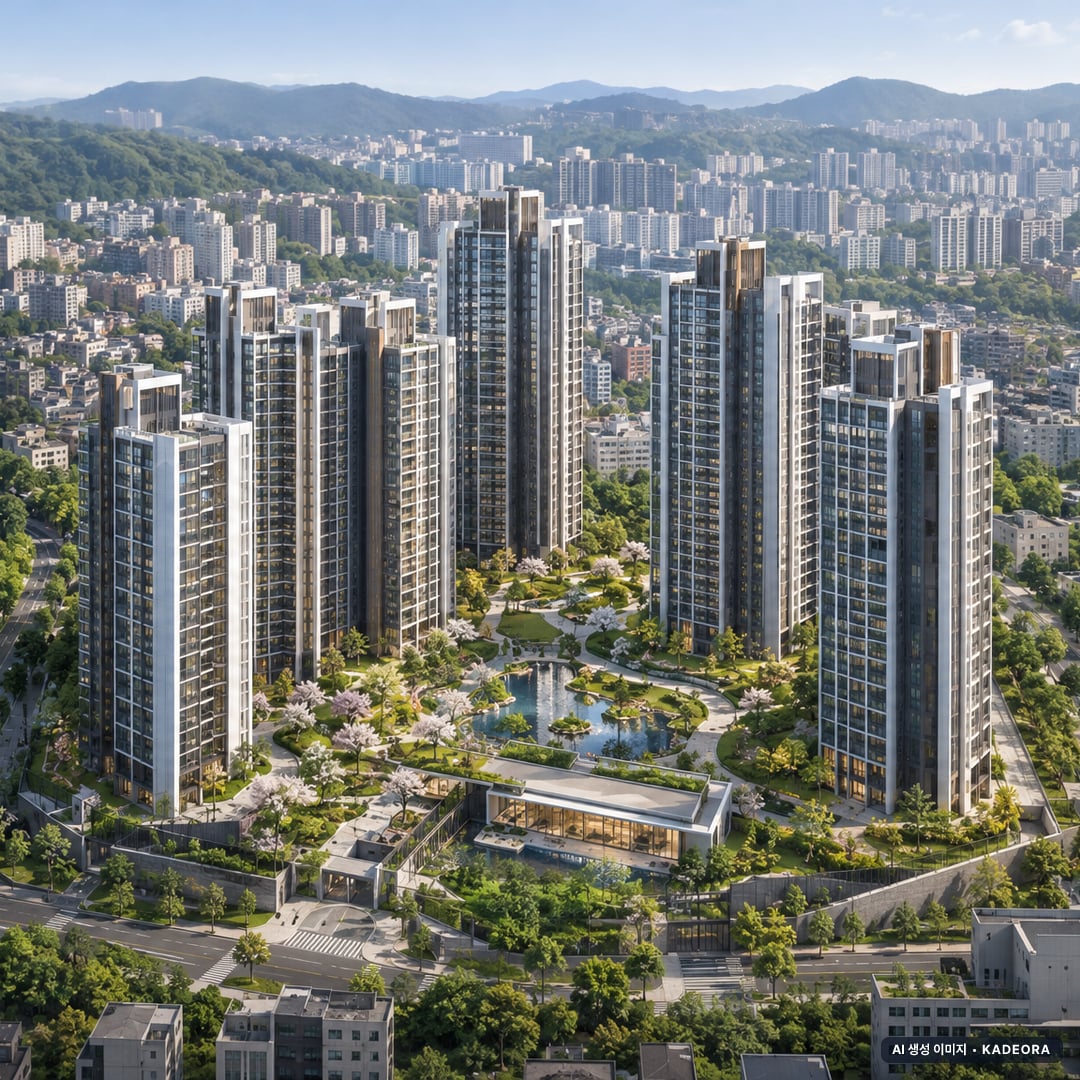 서울 송파구 잠실진주아파트 재건축 주간 항공 상상도 · AI 생성 이미지로 실제와 다를 수 있음 서울 송파구 잠실진주아파트 재건축 단지 전경 AI 상상도(주간 항공) — 서울 송파구 관리처분인가