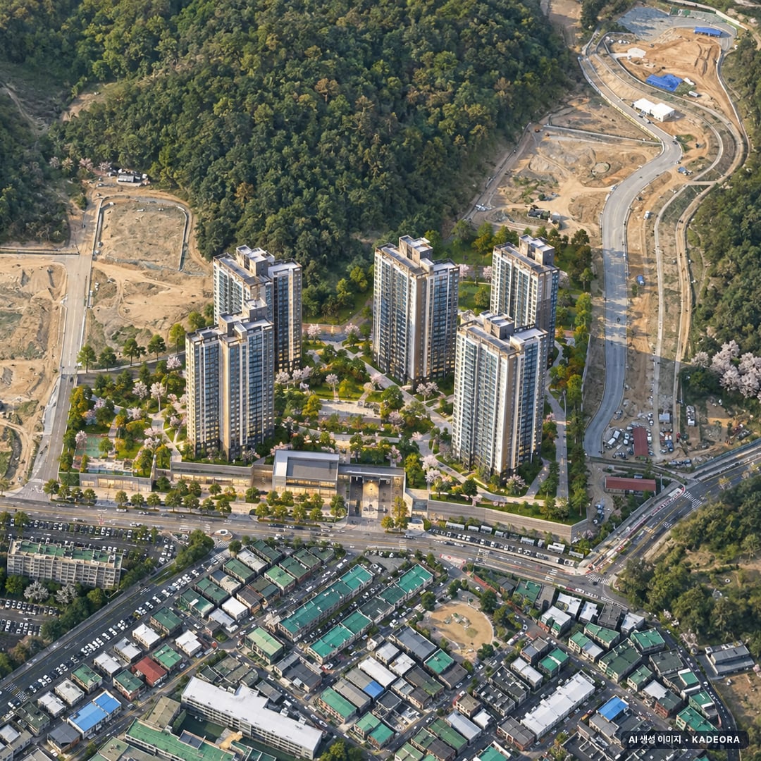 안양 에버포레 자연앤 e편한세상(A2BL) 주간 항공 상상도 · AI 생성 이미지로 실제와 다를 수 있음 안양 에버포레 자연앤 e편한세상(A2BL) 단지 전경 AI 상상도(주간 항공) — 경기 안양시 착공 344세대