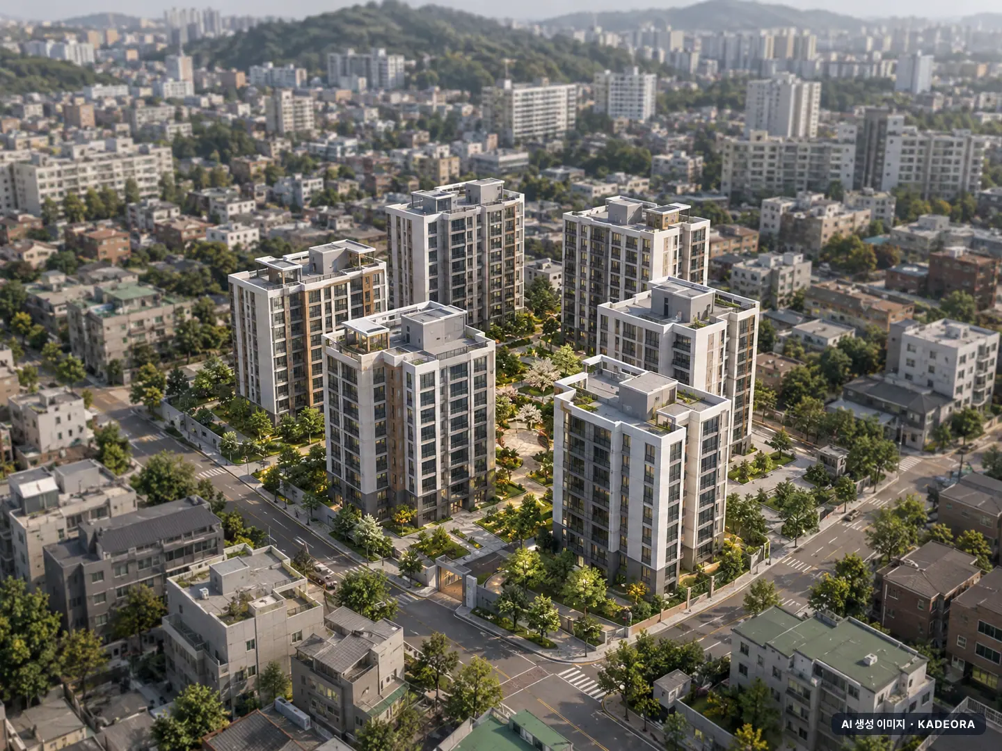 화성 송산 동원로얄듀크 포레(2차) 6개동·최고 15층·총 233세대(이번 5세대 공급) 기준 AI 상상도(주간 항공) — 실제와 다를 수 있음