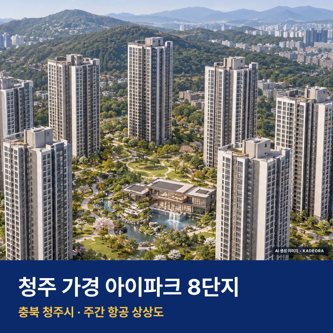 상상도 · AI 생성 이미지로 실제와 다를 수 있음 청주 가경 아이파크 8단지 단지 전경 AI 상상도 — 청주시 가경동 1,128세대