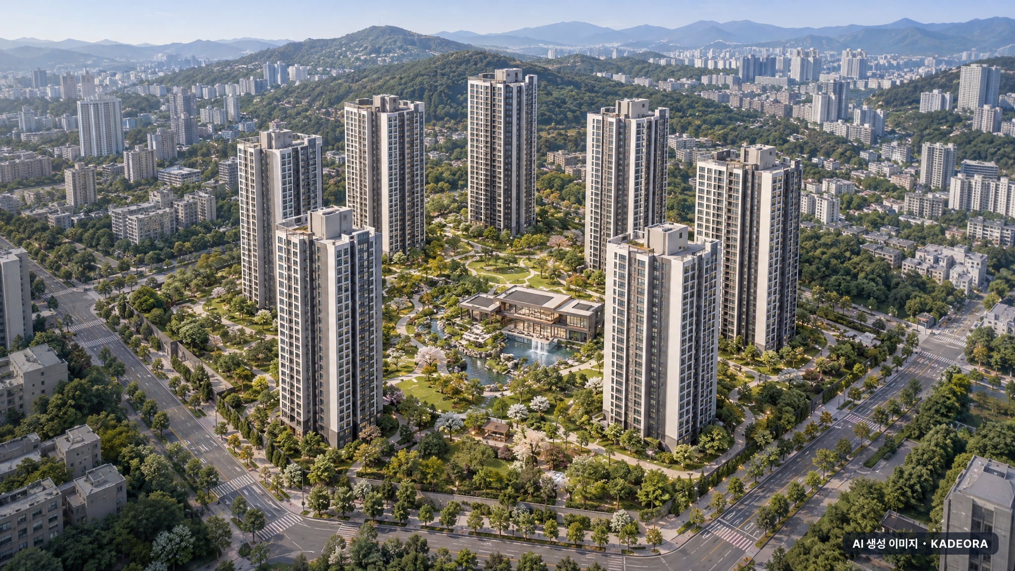 청주 가경 아이파크 8단지 주간 항공 상상도 · AI 생성 이미지로 실제와 다를 수 있음 청주 가경 아이파크 8단지 단지 전경 AI 상상도(주간 항공) — 청주시 1,128세대