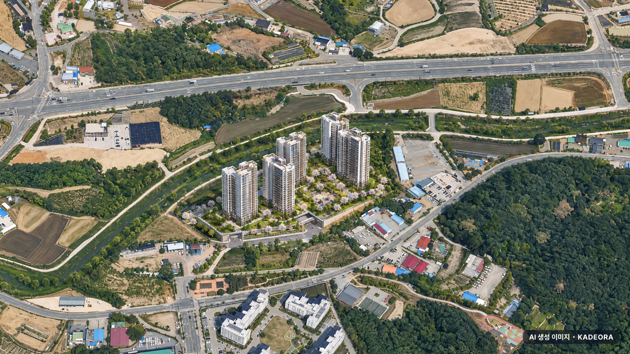 공주월송 진아레히 단지 전경 AI 상상도(주간 항공) — 충남 공주시 착공 811세대