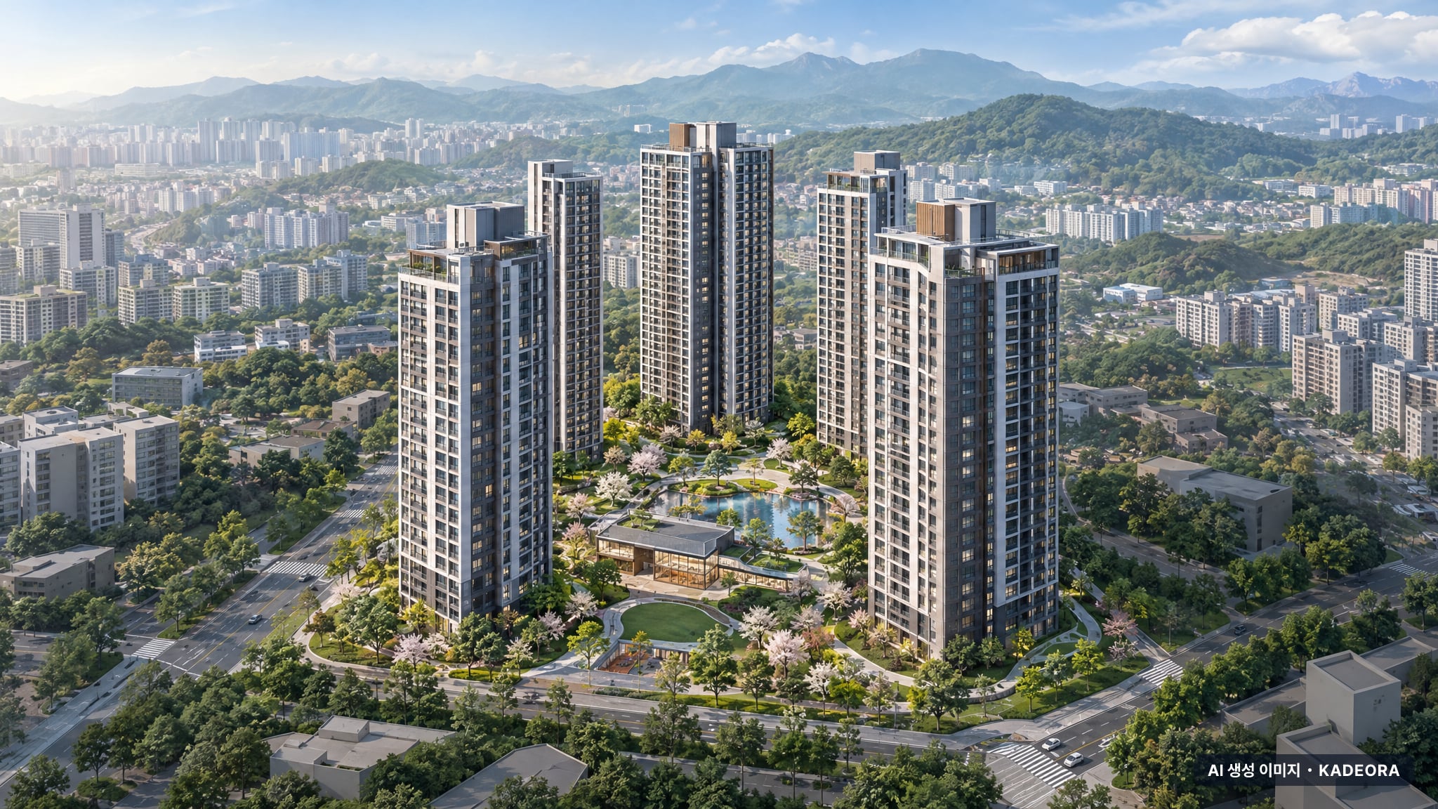 익산 부송 아이파크 주간 항공 상상도 · AI 생성 이미지로 실제와 다를 수 있음 익산 부송 아이파크 단지 전경 AI 상상도(주간 항공) — 전북 익산시 착공 511세대