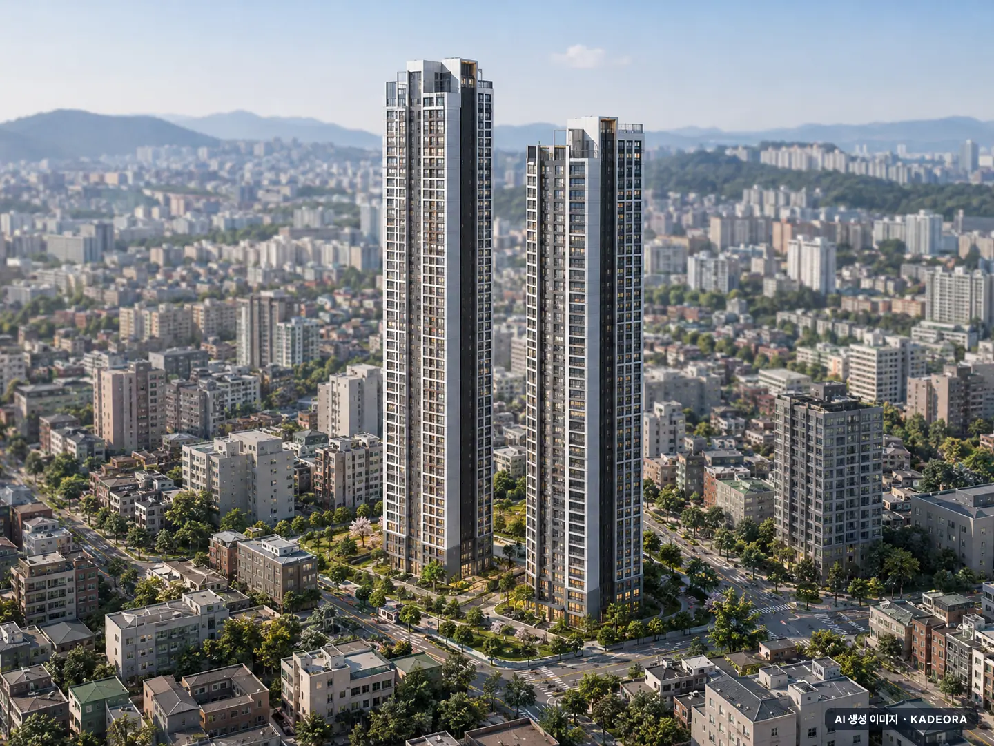 더샵 동인센트리체 2개동·최고 49층·총 314세대 기준 AI 상상도 — 실제와 다를 수 있음 더샵 동인센트리체 2개동·최고 49층·총 314세대 기준 AI 상상도(주간 항공) — 실제와 다를 수 있음