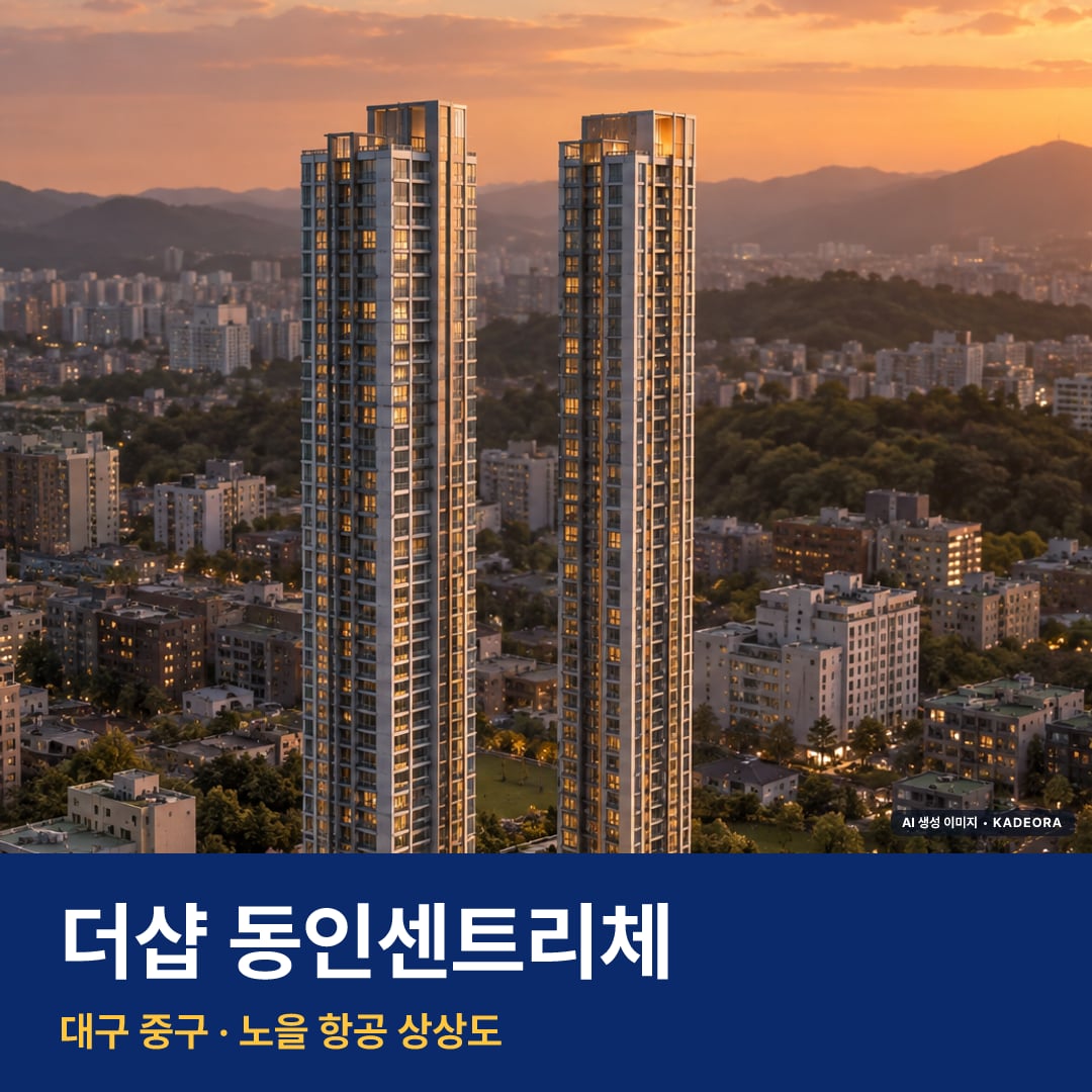 더샵 동인센트리체 청약 더샵 동인센트리체 단지 전경 AI 상상도 — 중구 동인동1가 314세대 — AI 생성 상상도 · 실제와 다를 수 있음