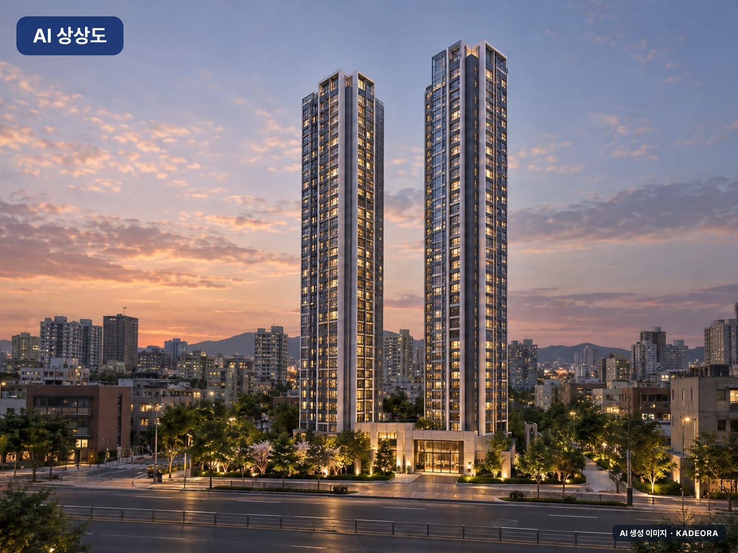 더샵 동인센트리체 단지 전경 AI 상상도(단지 입구) — 중구 314세대 — AI 생성 상상도 · 실제와 다를 수 있음
