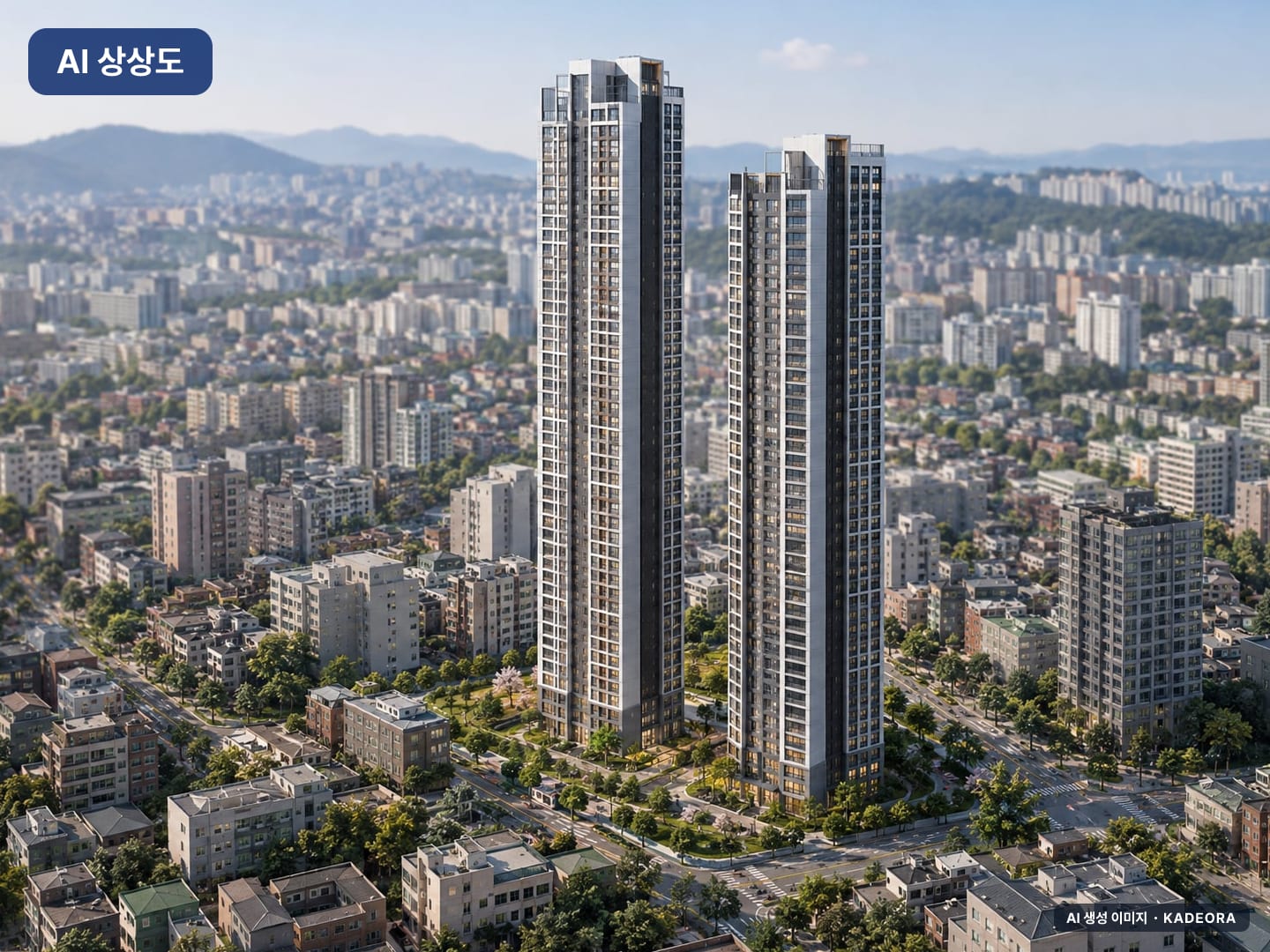 더샵 동인센트리체 단지 전경 AI 상상도(주간 항공) — 중구 314세대 — AI 생성 상상도 · 실제와 다를 수 있음