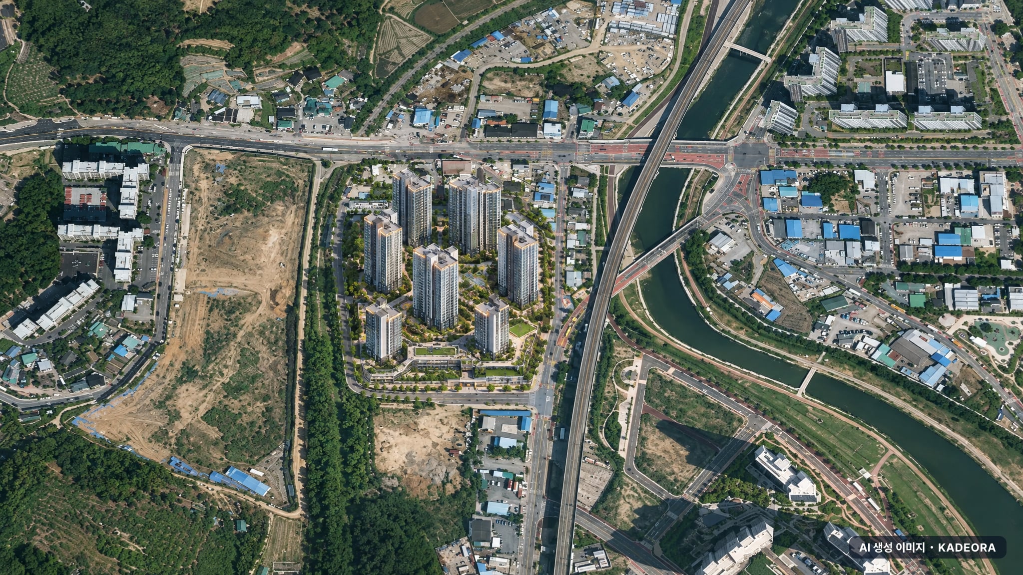 울산 청량읍 덕하리 공동주택 주간 항공 상상도 · AI 생성 이미지로 실제와 다를 수 있음 울산 청량읍 덕하리 공동주택 단지 전경 AI 상상도(주간 항공) — 울산 울주군 분양 예고 631세대