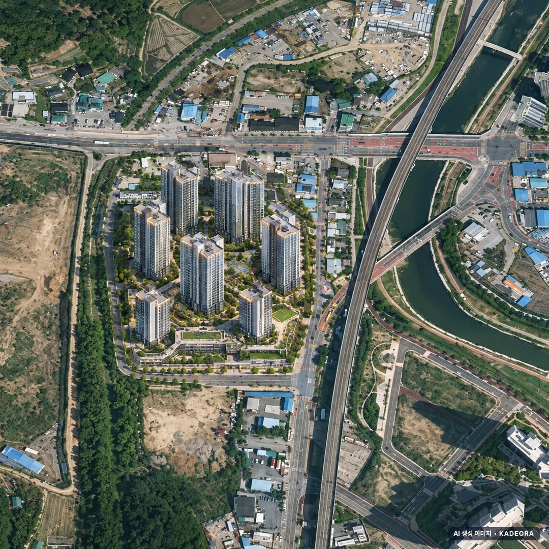 울산 청량읍 덕하리 공동주택 조감도 AI 상상도(주간 항공) — 울산 울주군 분양 예고 631세대