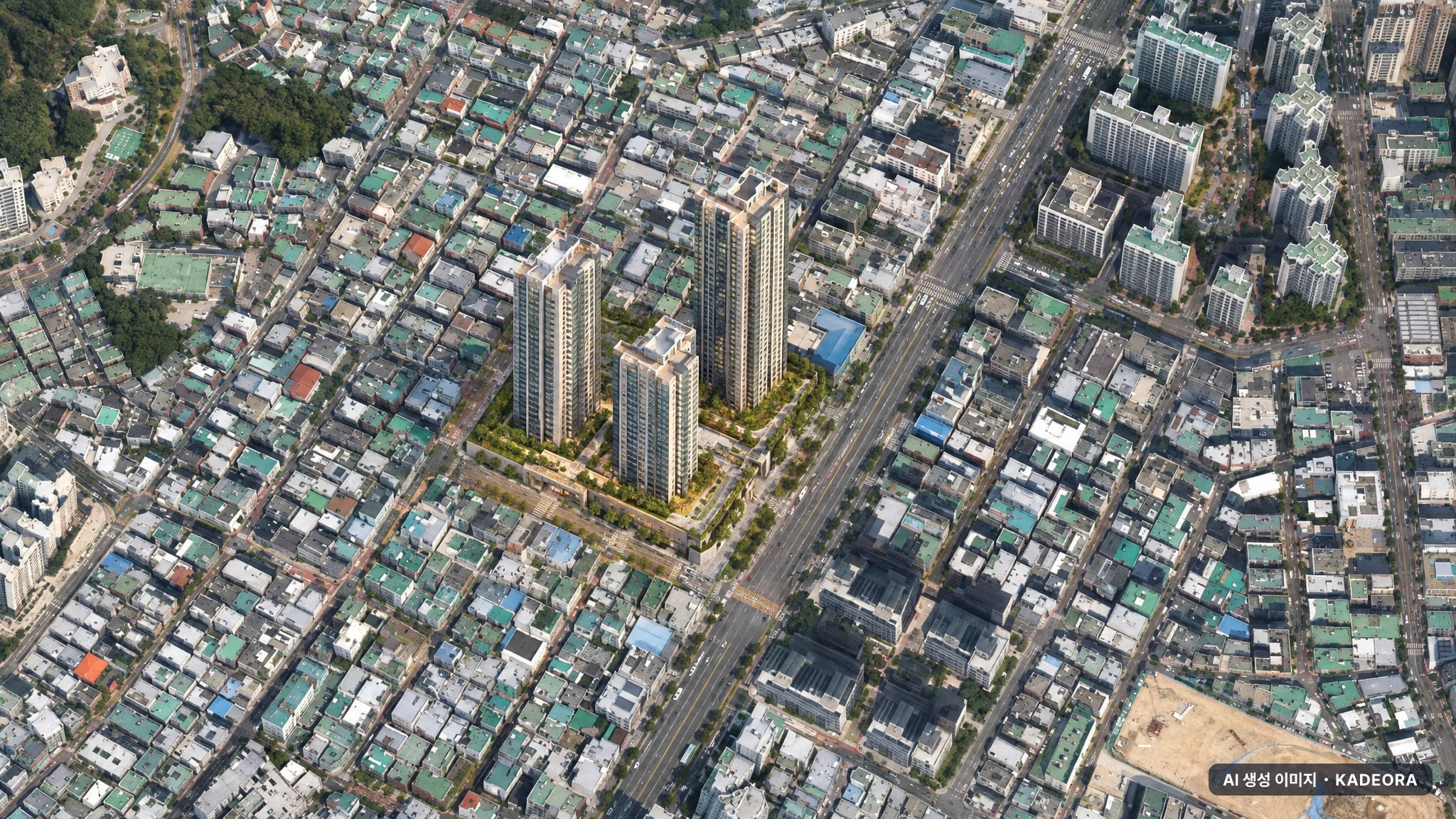 동래 에코팰리스 아시아드 주간 항공 상상도 · AI 생성 이미지로 실제와 다를 수 있음 동래 에코팰리스 아시아드 단지 전경 AI 상상도(주간 항공) — 부산 동래구 착공 160세대
