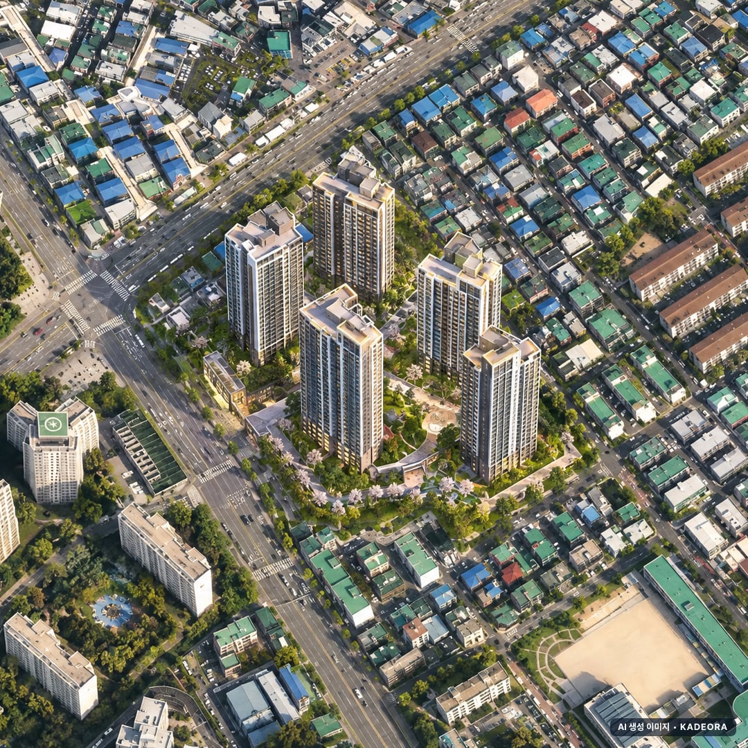 군포시 금정역 산본1동2지구 조감도 AI 상상도(주간 항공) — 경기 군포시 조합설립 862세대