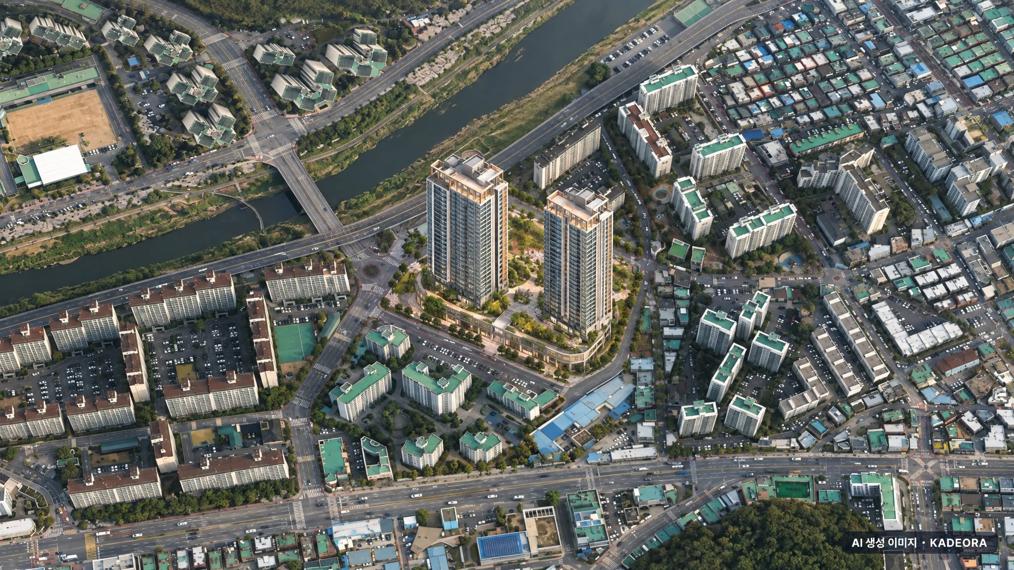 호현 센트럴 아이파크 단지 전경 AI 상상도(주간 항공) — 경기 안양시 착공 144세대