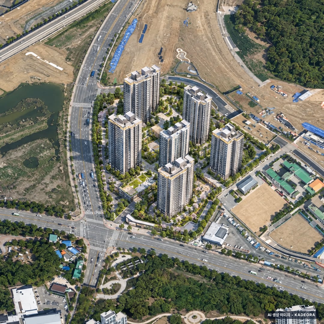래미안 센트리폴(2BL) 단지 전경 AI 상상도(주간 항공) — 인천 연수구 착공 819세대