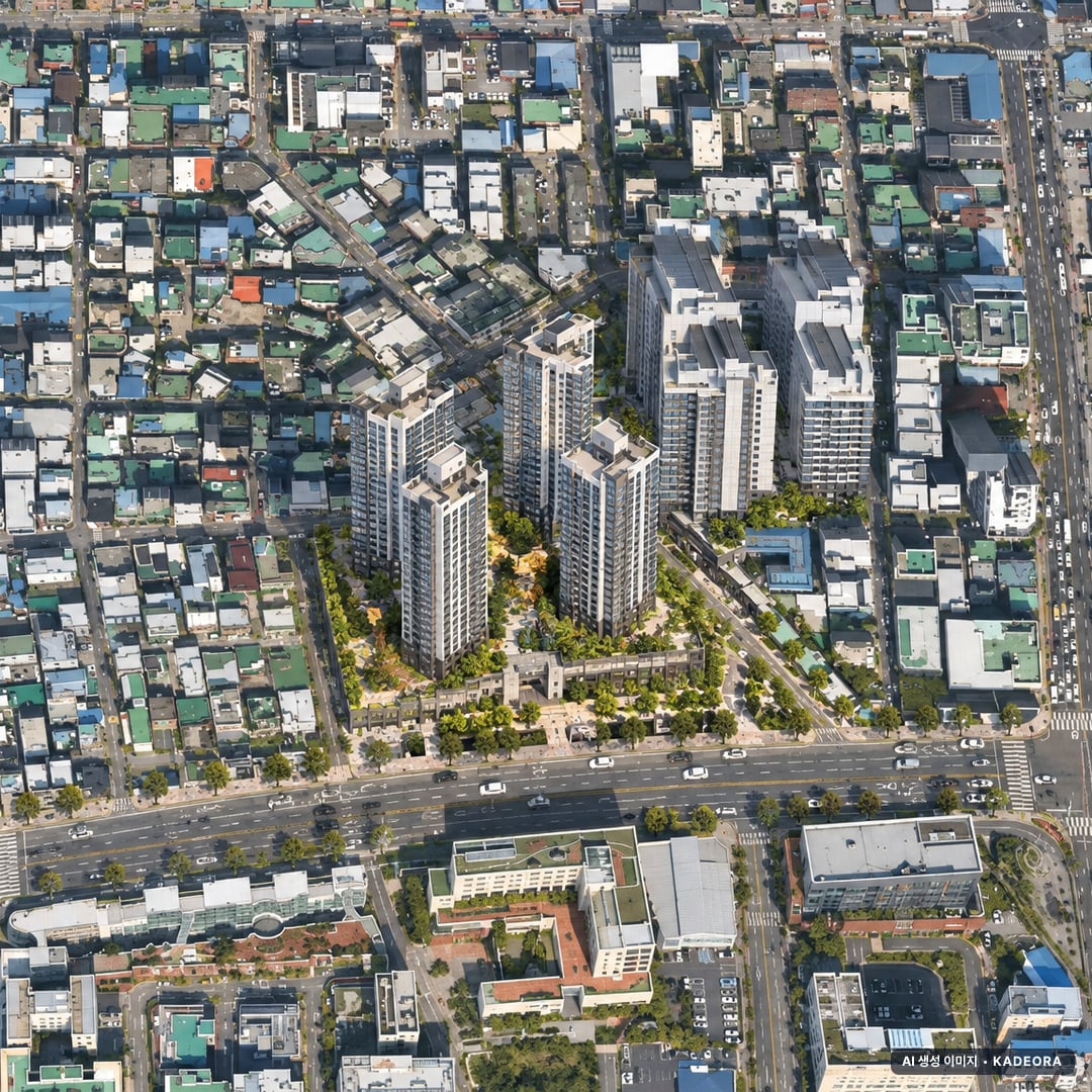 오산경일신안 조감도 AI 상상도(주간 항공) — 경기 오산시 관리처분인가 321세대