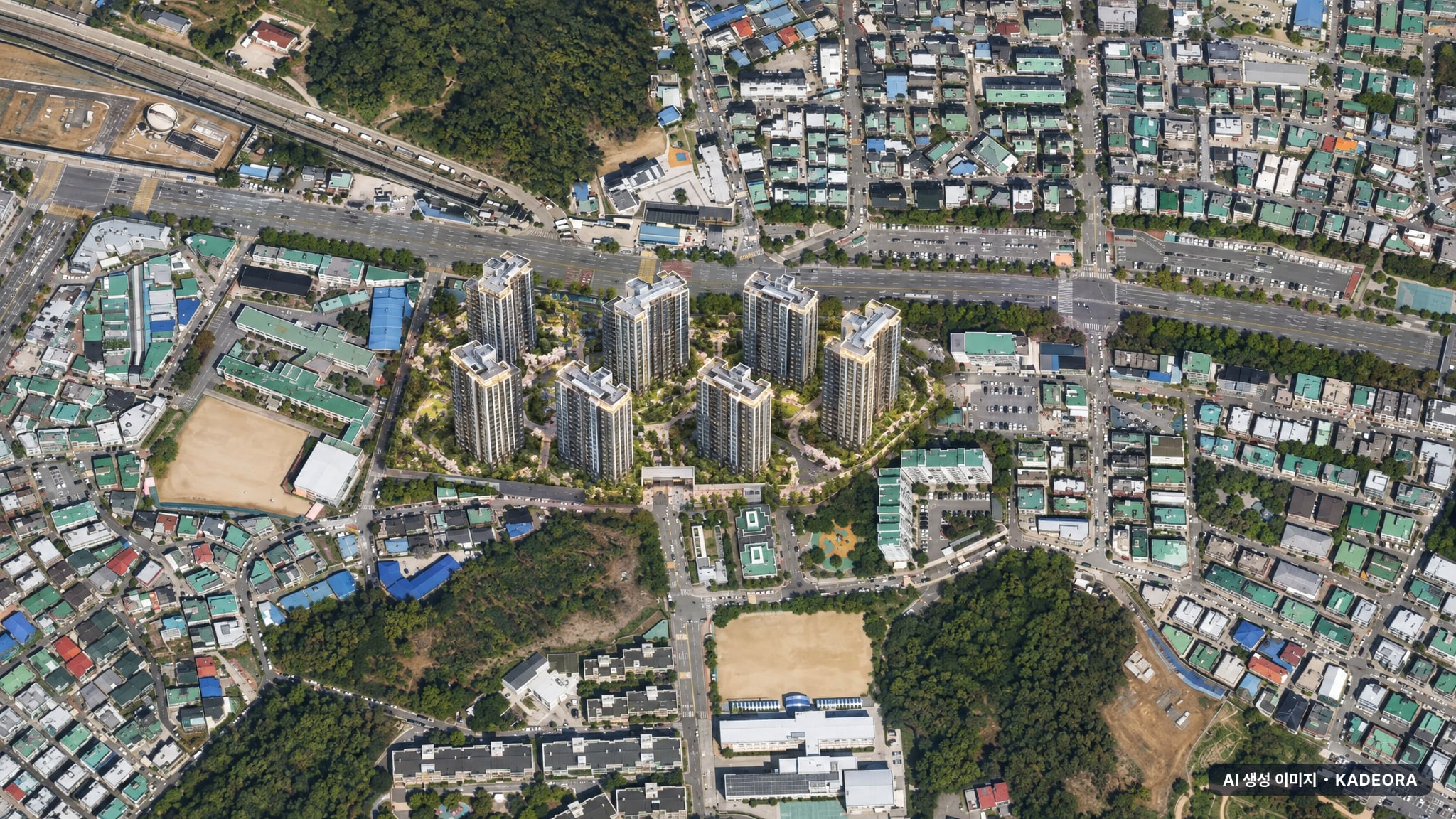 송도역 한신더휴 프레스턴 주간 항공 상상도 · AI 생성 이미지로 실제와 다를 수 있음 송도역 한신더휴 프레스턴 단지 전경 AI 상상도(주간 항공) — 인천 연수구 착공 208세대