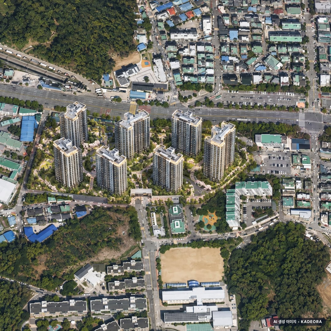 송도역 한신더휴 프레스턴 단지 전경 AI 상상도(주간 항공) — 인천 연수구 착공 208세대