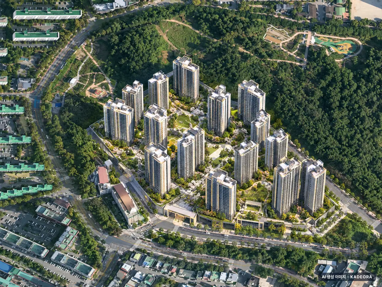 중앙공원 롯데캐슬 시그니처 2-1BL 13개동·최고 28층·총 915세대(이번 507세대 공급) 기준 AI 상상도(주간 항공) — 실제와 다를 수 있음