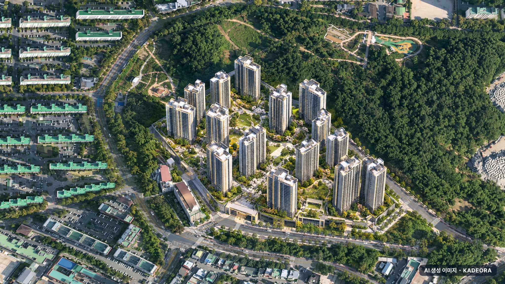 중앙공원 롯데캐슬 시그니처 2-1BL 단지 전경 AI 상상도(주간 항공) — 광주 서구 착공 507세대