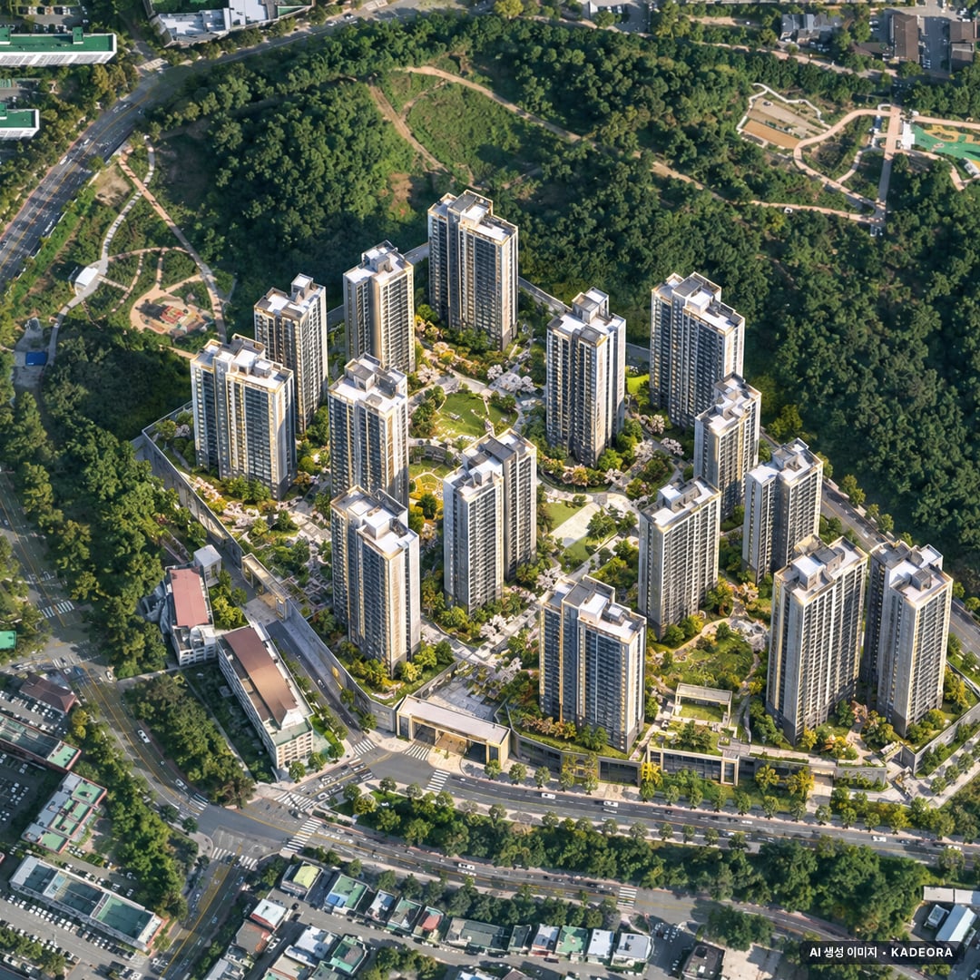 중앙공원 롯데캐슬 시그니처 2-1BL 단지 전경 AI 상상도(주간 항공) — 광주 서구 착공 507세대