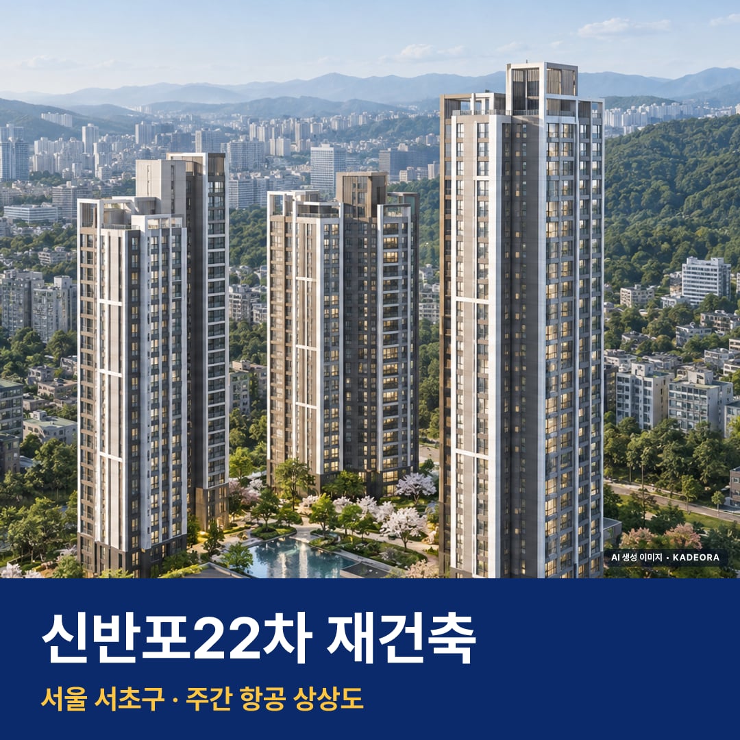 상상도 · AI 생성 이미지로 실제와 다를 수 있음 신반포22차 재건축 단지 전경 AI 상상도 — 서초구 잠원동 160세대