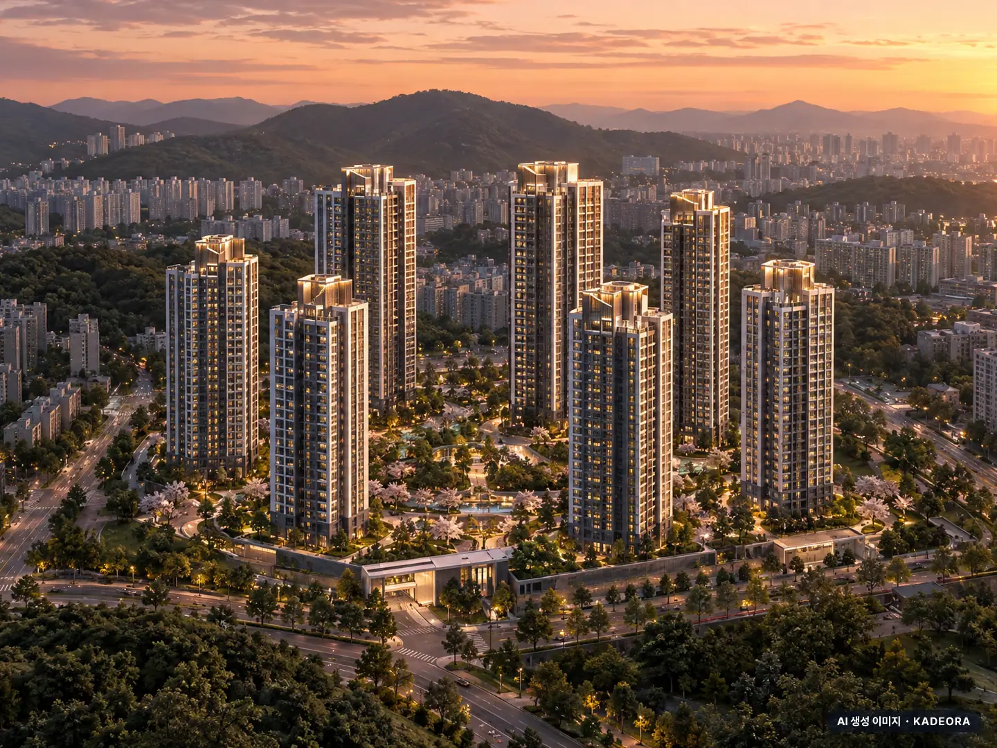 더샵 속초프라임뷰 8개동·최고 33층·총 1,024세대 기준 AI 상상도(노을 항공) — 실제와 다를 수 있음