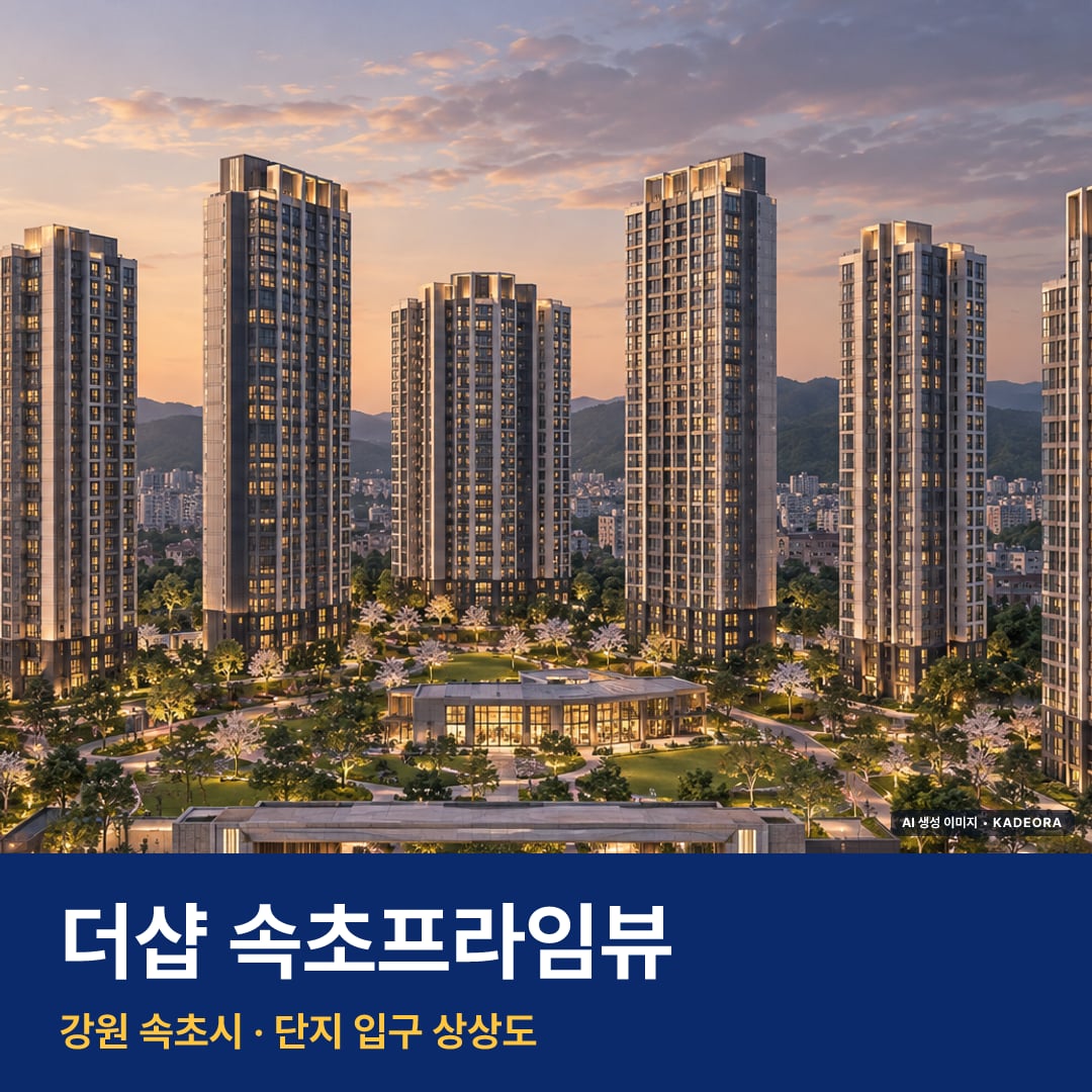 더샵 속초프라임뷰 재개발 더샵 속초프라임뷰 단지 전경 AI 상상도 — 속초시 금호동 1,024세대 — AI 생성 상상도 · 실제와 다를 수 있음