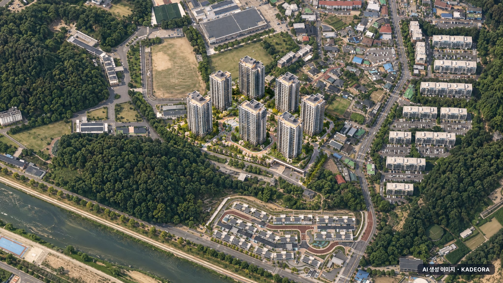 효성해링턴 플레이스 영주 더리버 단지 전경 AI 상상도(주간 항공) — 경북 영주시 착공 445세대