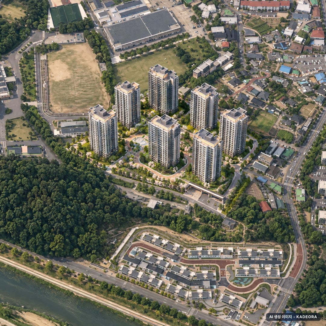 효성해링턴 플레이스 영주 더리버 단지 전경 AI 상상도(주간 항공) — 경북 영주시 착공 445세대