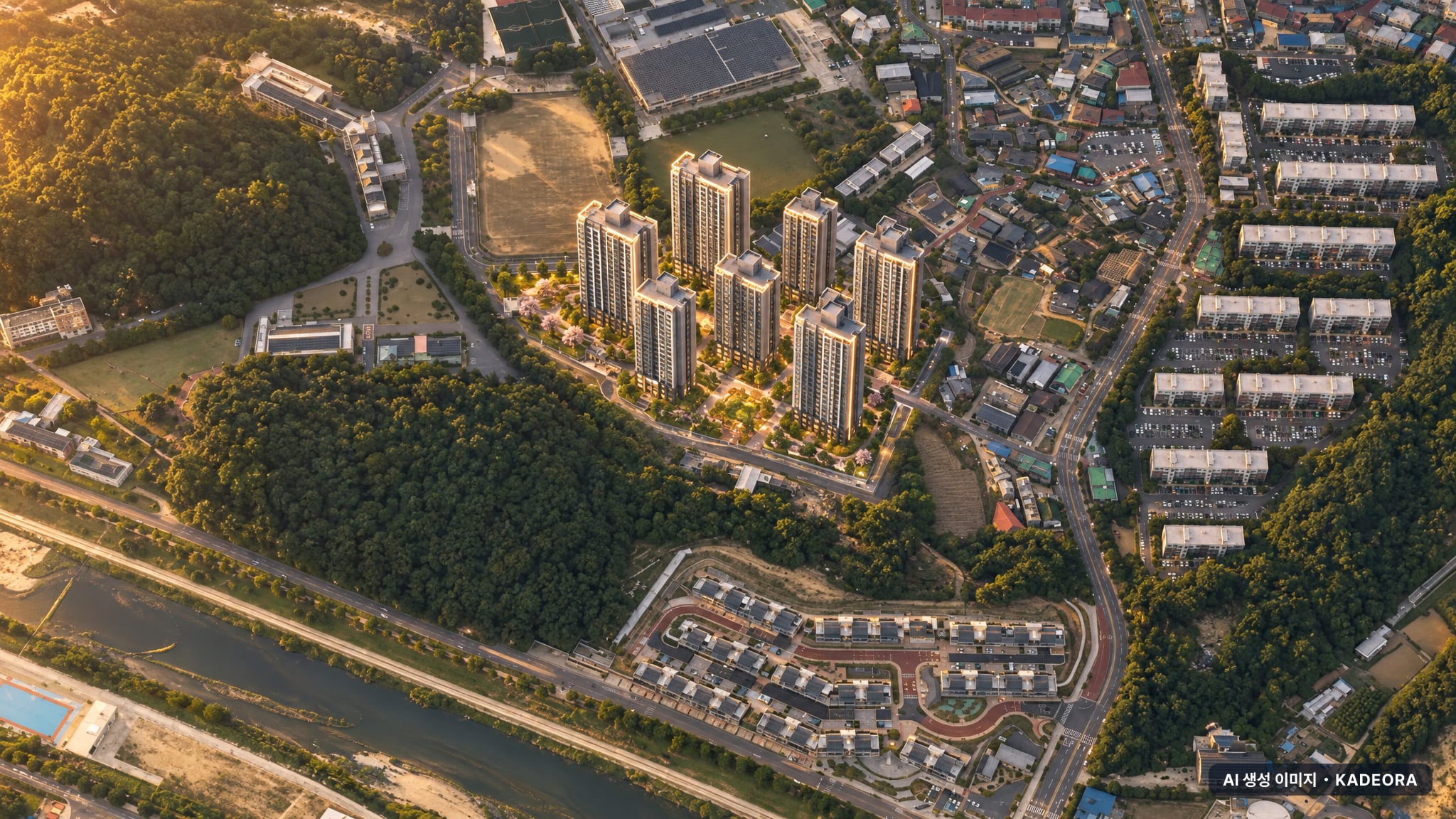 효성해링턴 플레이스 영주 더리버 단지 전경 AI 상상도(노을 항공) — 경북 영주시 착공 445세대