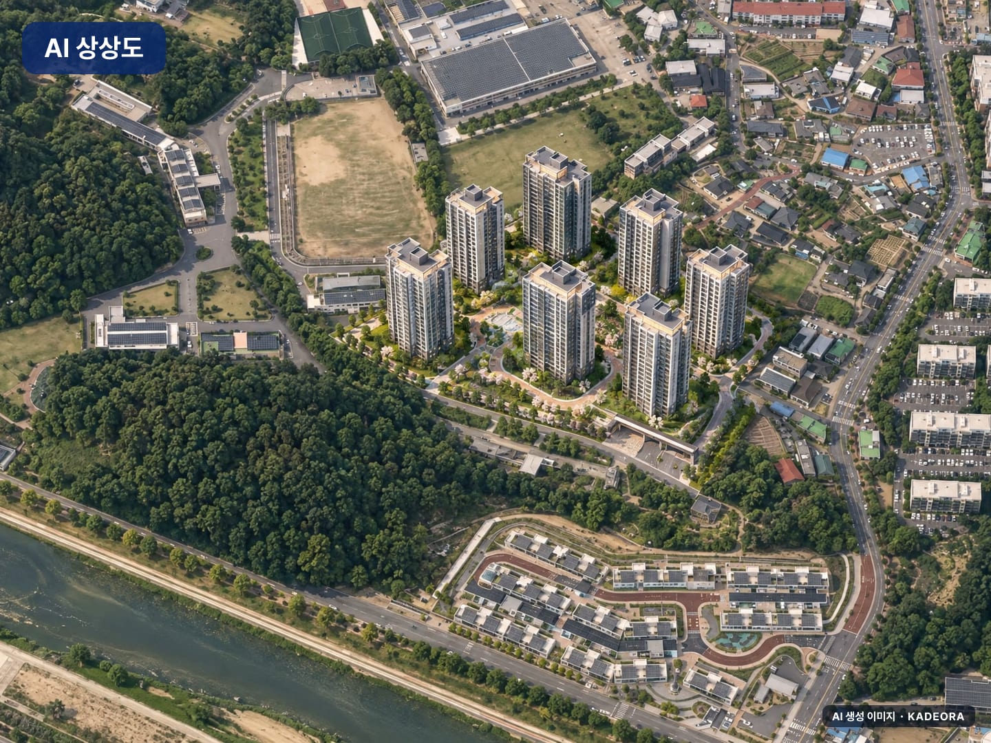 효성해링턴 플레이스 영주 더리버 단지 전경 AI 상상도(주간 항공) — 경북 영주시 착공 445세대