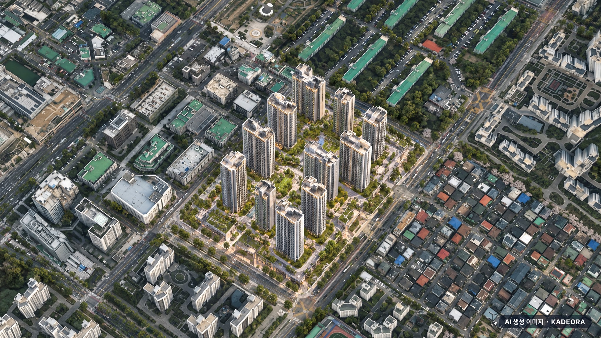 프레스티어자이 단지 전경 AI 상상도(주간 항공) — 경기 과천시 착공 287세대