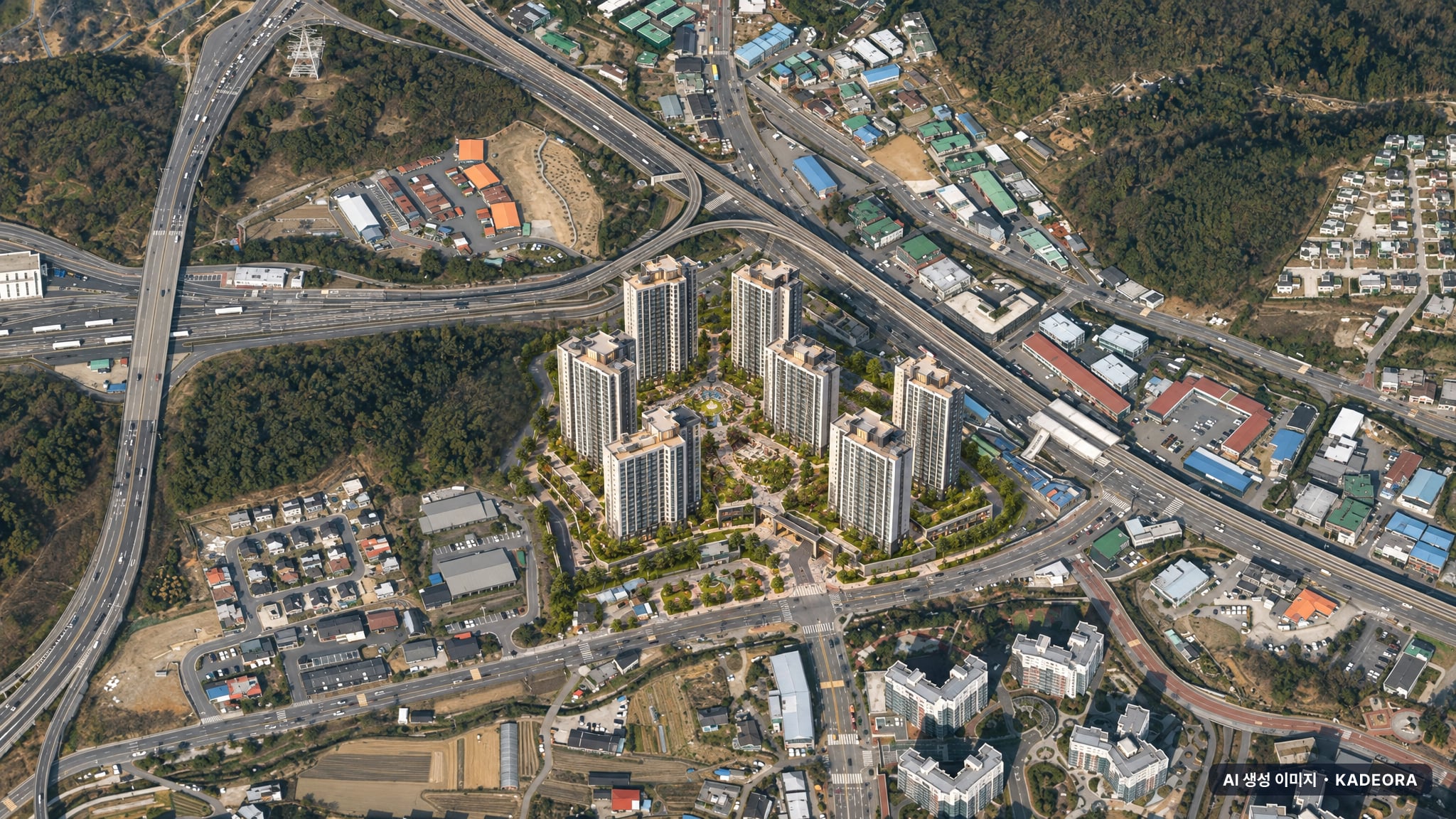 두산위브더제니스 센트럴 용인 주간 항공 상상도 · AI 생성 이미지로 실제와 다를 수 있음 두산위브더제니스 센트럴 용인 단지 전경 AI 상상도(주간 항공) — 경기 용인시 착공 568세대