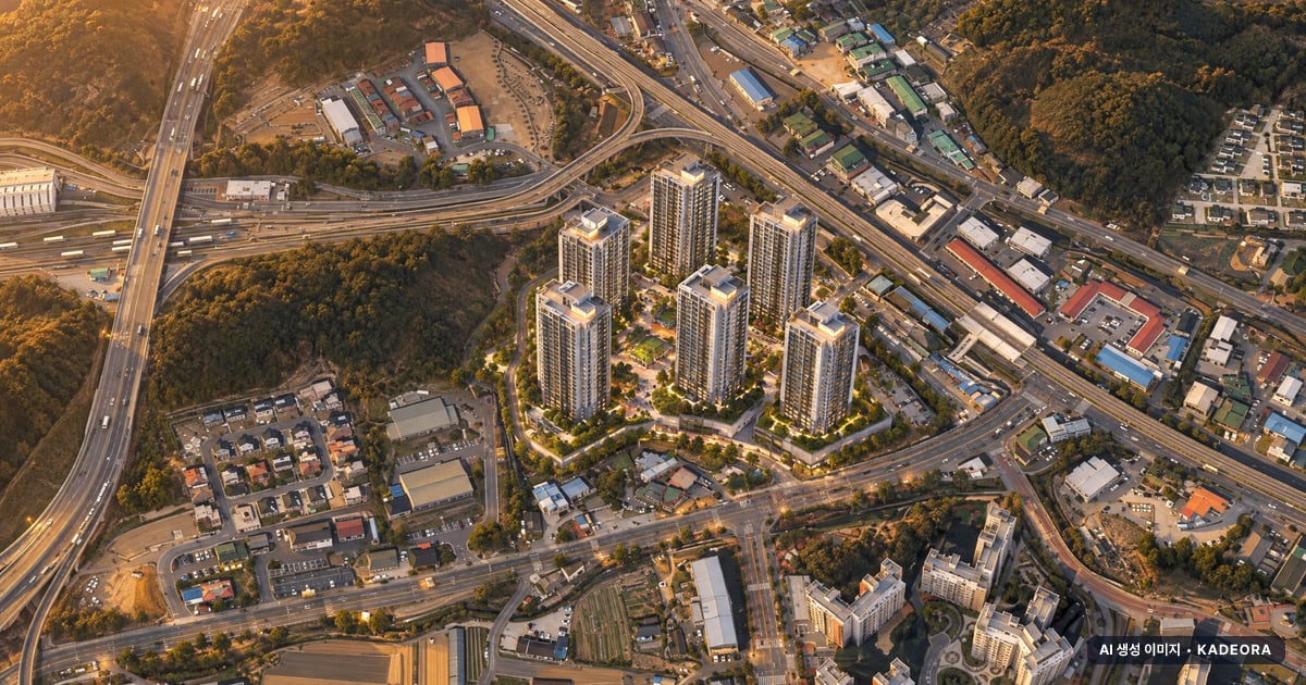 두산위브더제니스 센트럴 용인 7개동·최고 25층·총 568세대 기준 AI 상상도(노을 항공) — 실제와 다를 수 있음