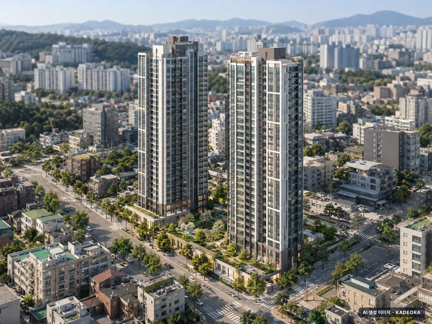 제기동역 아이파크 2개동·최고 32층·총 351세대(이번 82세대 공급) 기준 AI 상상도(주간 항공) — 실제와 다를 수 있음