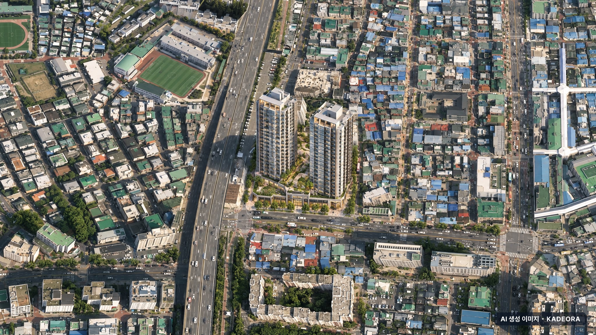 제기동역 아이파크 주간 항공 상상도 · AI 생성 이미지로 실제와 다를 수 있음 제기동역 아이파크 단지 전경 AI 상상도(주간 항공) — 서울 동대문구 착공 82세대
