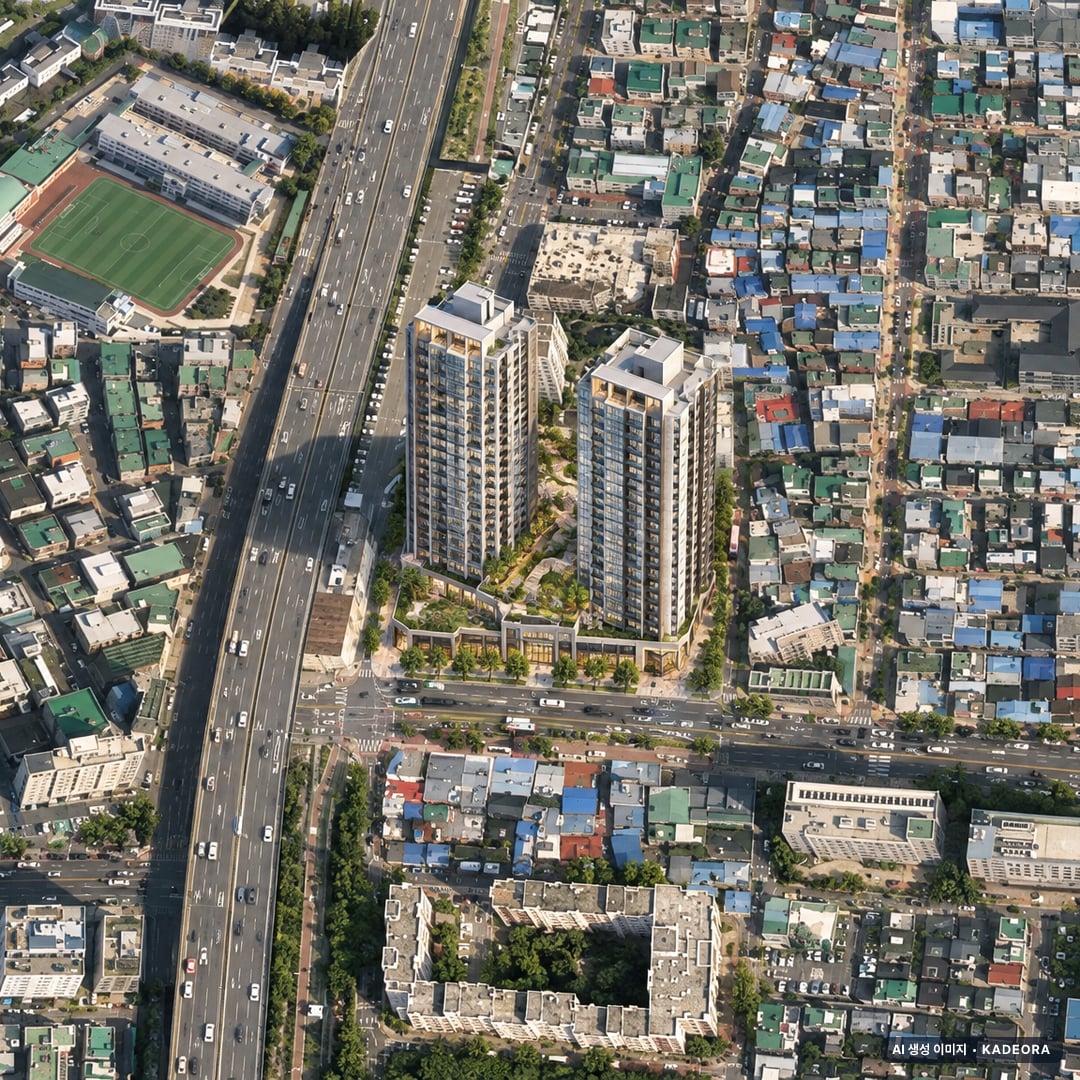 제기동역 아이파크 주간 항공 상상도 · AI 생성 이미지로 실제와 다를 수 있음 제기동역 아이파크 단지 전경 AI 상상도(주간 항공) — 서울 동대문구 착공 82세대