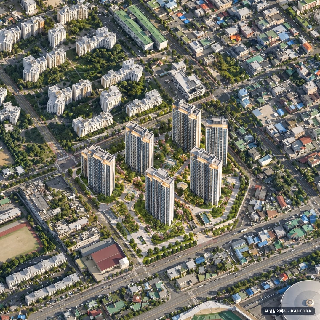 대전 르에브 스위첸 2단지 단지 전경 AI 상상도(주간 항공) — 대전 중구 착공 838세대