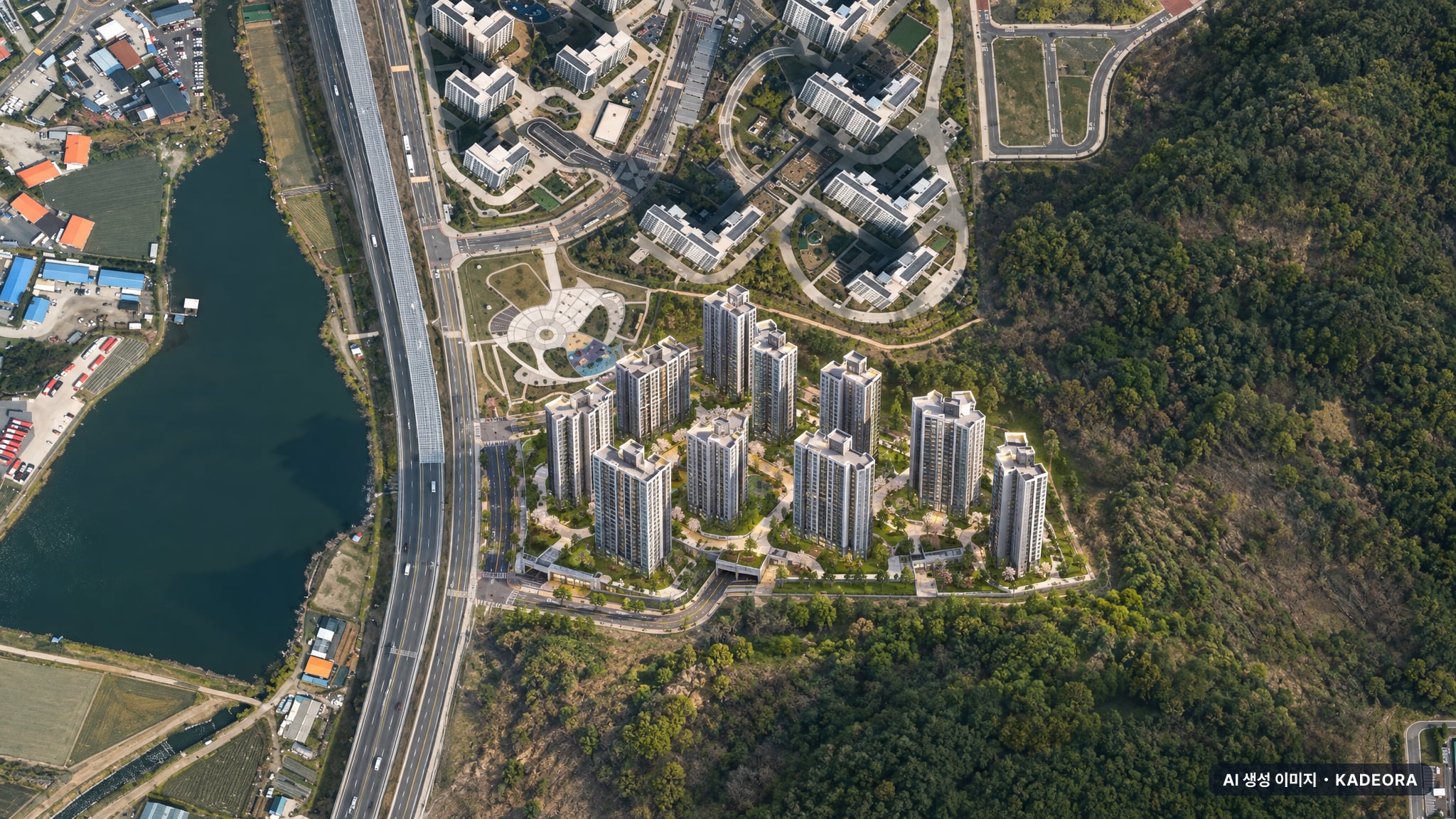 오산 세교 우미 린 레이크시티 단지 전경 AI 상상도(주간 항공) — 경기 오산시 착공 1,424세대