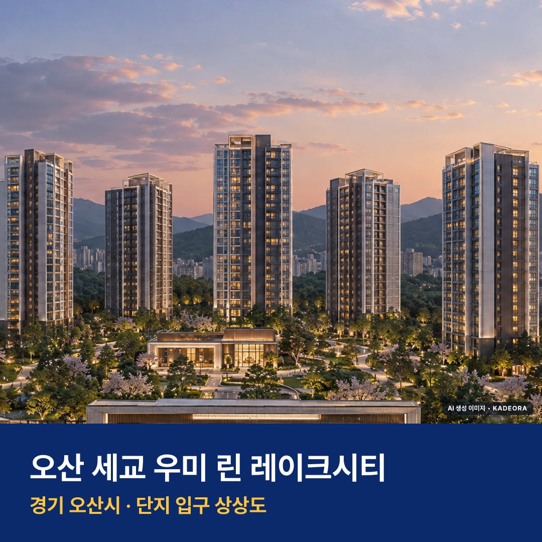 오산 세교 우미 린 레이크시티 분양가 오산 세교 우미 린 레이크시티 단지 전경 AI 상상도 — 오산시 서동 1,424세대 — AI 생성 상상도 · 실제와 다를 수 있음