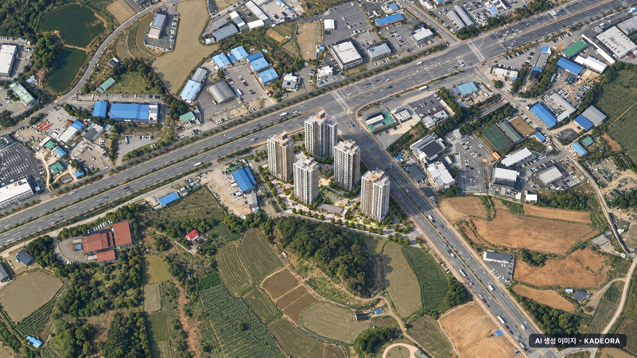 업성 푸르지오 레이크시티 2단지 단지 전경 AI 상상도(주간 항공) — 충남 천안시 착공 448세대