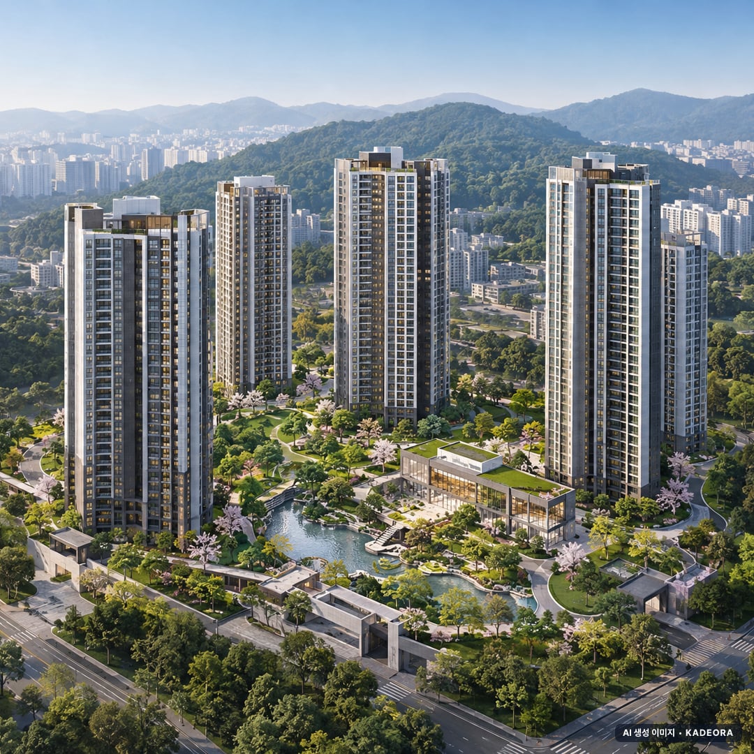 부경경마공원역 디에트르 더 리버 조감도 AI 상상도(주간 항공) — 부산 강서구 착공 498세대