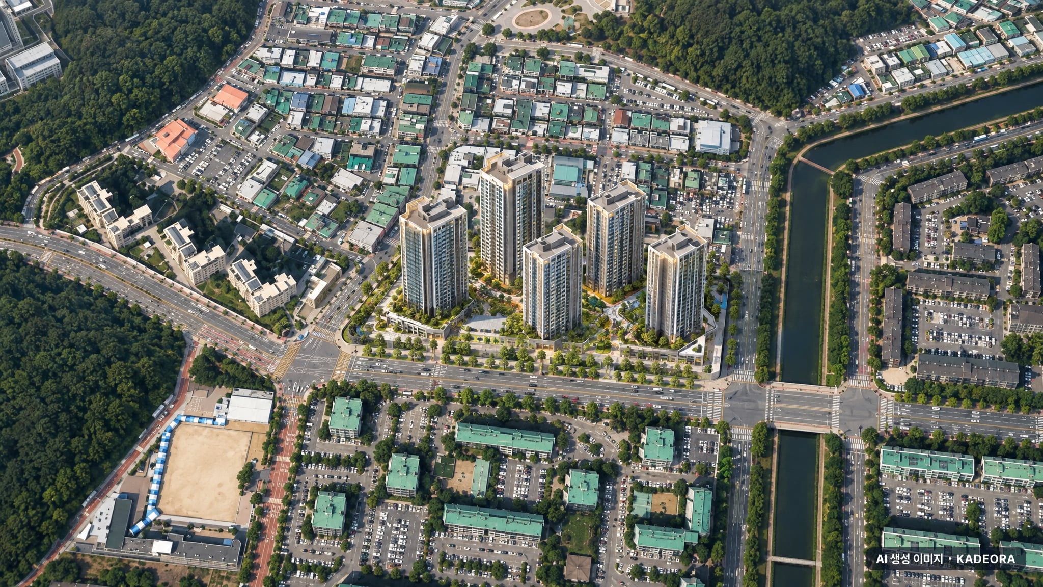 안산시 고잔연립9 조감도 AI 상상도(주간 항공) — 경기 안산시 착공 472세대
